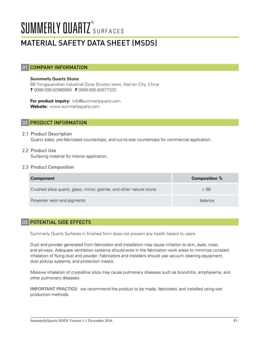 Material safety data sheet(MSDS) Summerly Quartz-2